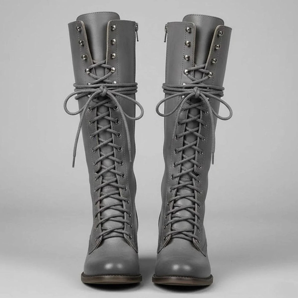 Grey Women's Studded Knee High Boots with Lace-Up Front & Block Heel - Front Full