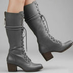Women's Studded Knee High Boots with Lace-Up Front & Block Heel - Worn Walking