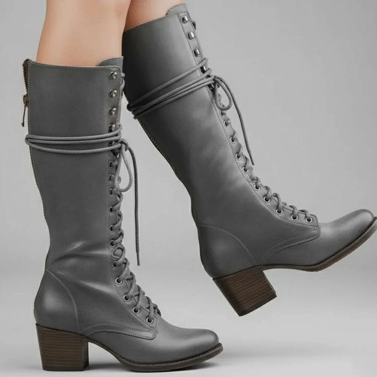 Women's Studded Knee High Boots with Lace-Up Front & Block Heel - Worn Walking
