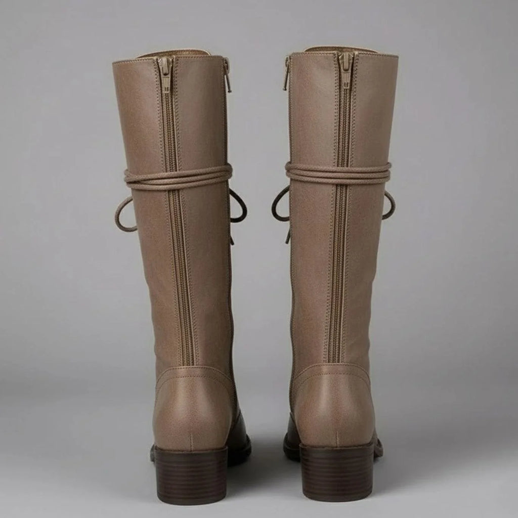 Women's Studded Knee High Boots with Lace-Up Front & Block Heel - Back Detail