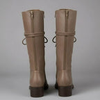 Women's Studded Knee High Boots with Lace-Up Front & Block Heel - Back Detail