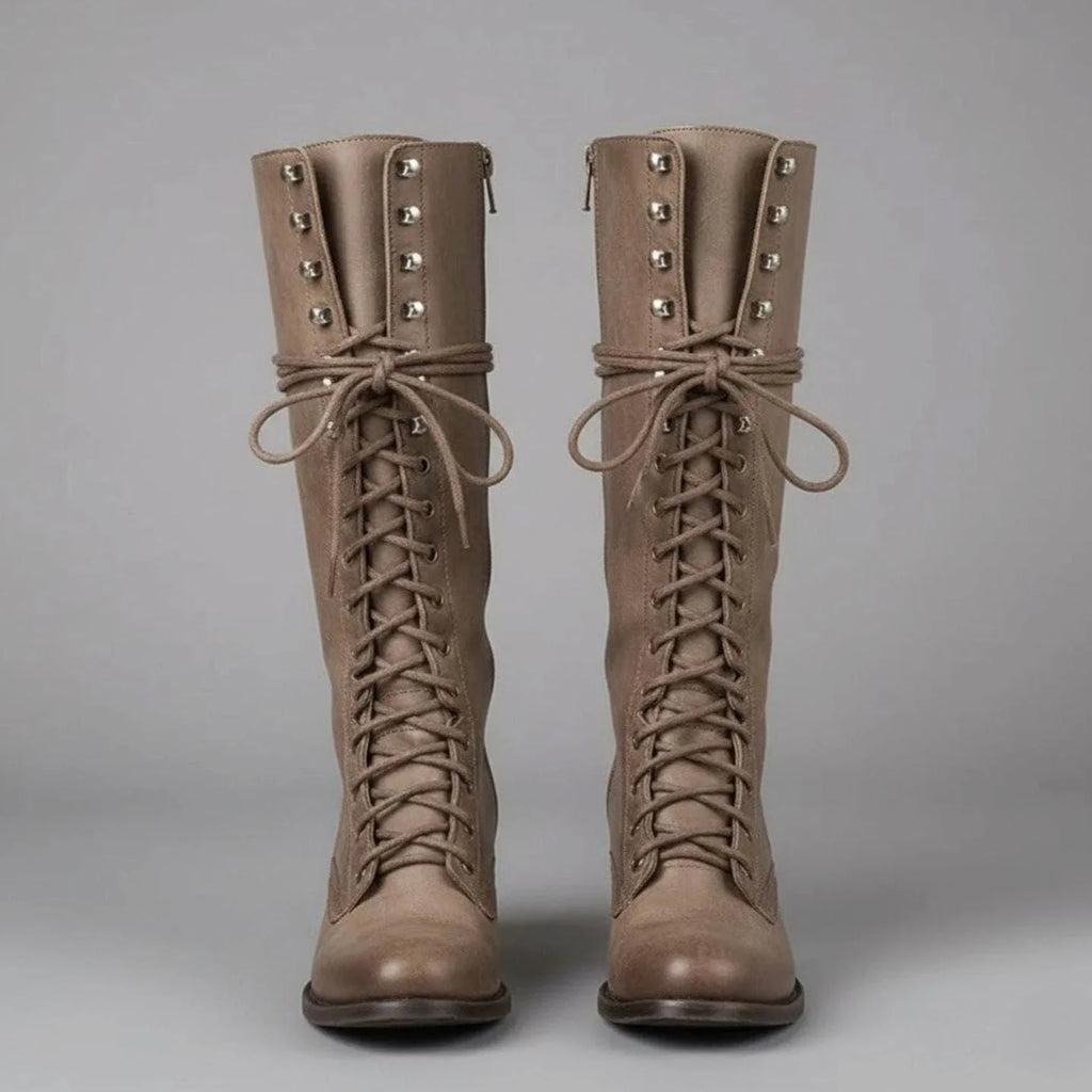 Khaki Women's Studded Knee High Boots with Lace-Up Front & Block Heel - Front Full Laces