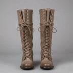 Khaki Women's Studded Knee High Boots with Lace-Up Front & Block Heel - Front Full Laces