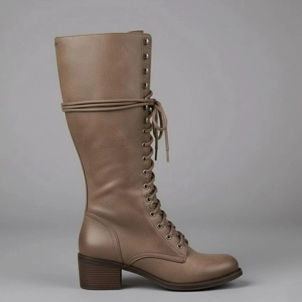 Women's Studded Knee High Boots with Lace-Up Front & Block Heel - Side Single Standing