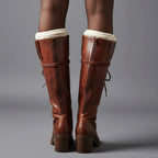Women's Studded Knee High Boots with Lace-Up Front & Block Heel - Brown Worn Back View
