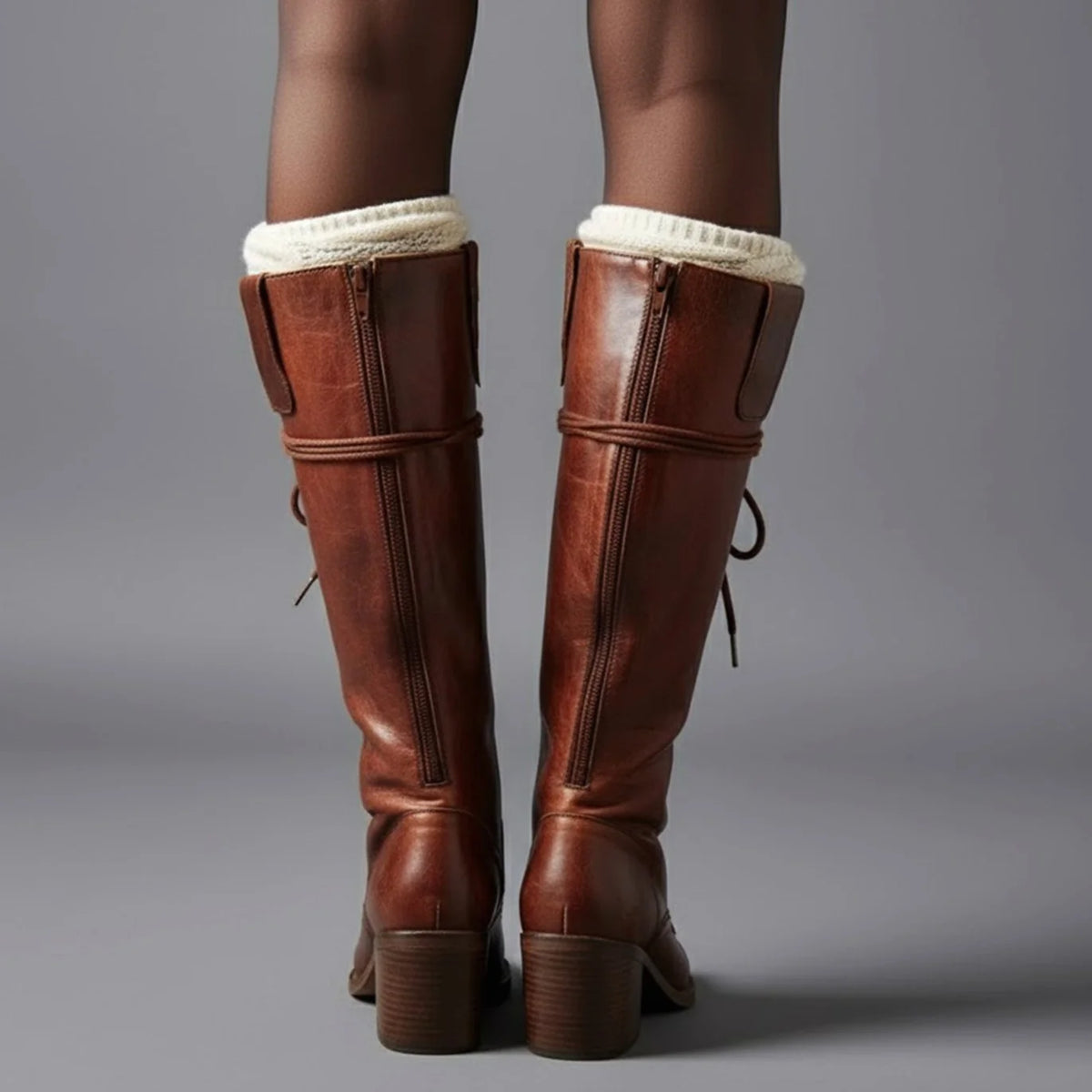Women's Studded Knee High Boots with Lace-Up Front & Block Heel - Brown Worn Back View