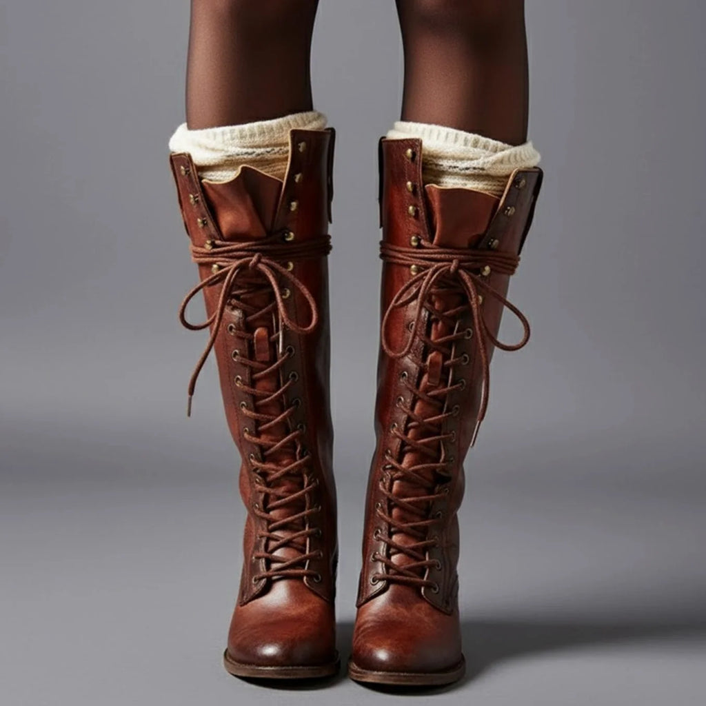 Red Brown Women's Studded Knee High Boots with Lace-Up Front & Block Heel - Worn Front Sweater