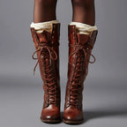 Red Brown Women's Studded Knee High Boots with Lace-Up Front & Block Heel - Worn Front Sweater
