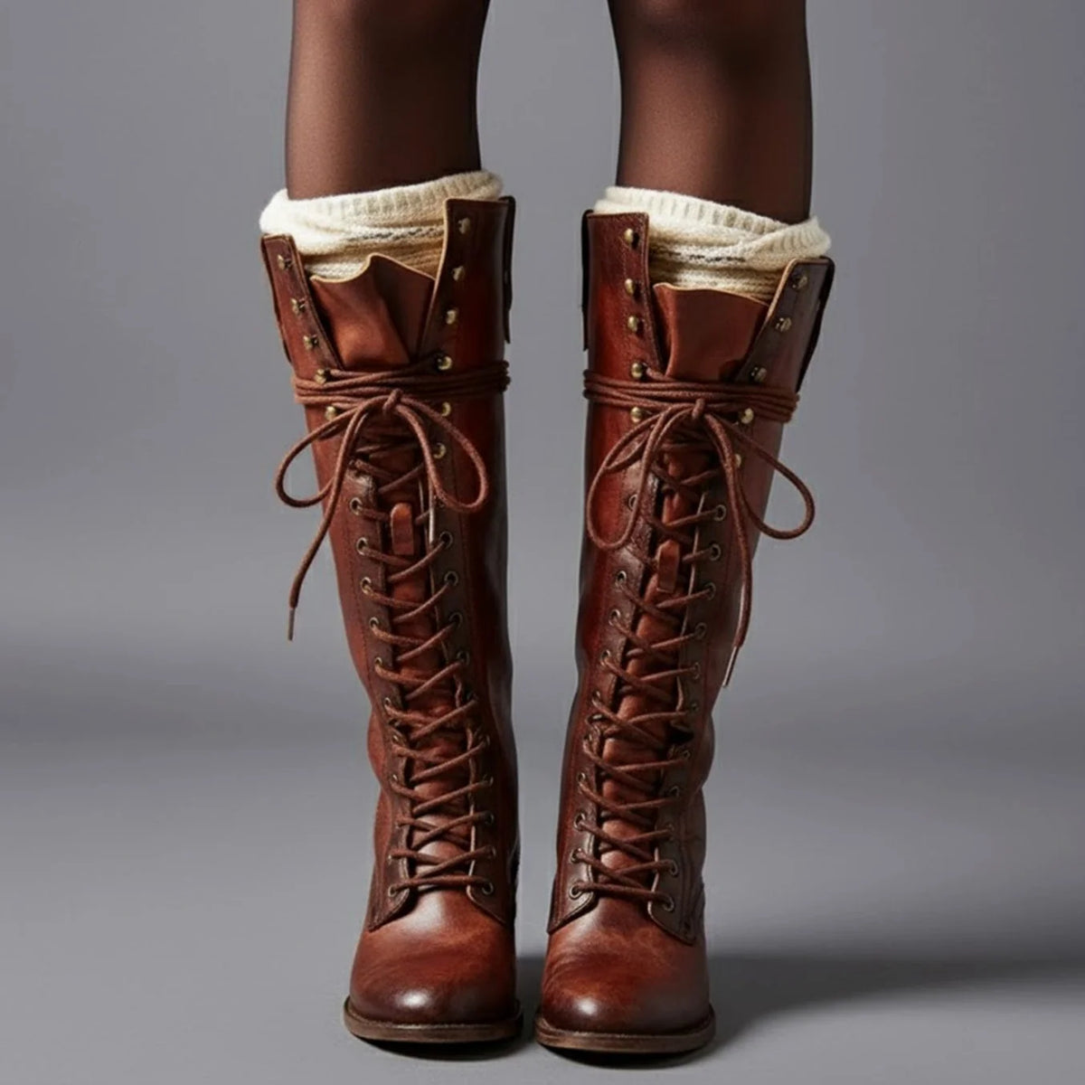 Red Brown Women's Studded Knee High Boots with Lace-Up Front & Block Heel - Worn Front Sweater