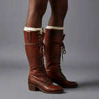 Women's Studded Knee High Boots with Lace-Up Front & Block Heel - Brown Worn Side Close