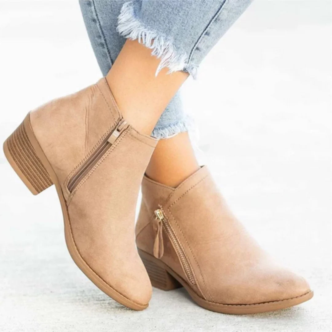 Beige Women's Suede Ankle Boots — Yasmin Zip-Up Block Heel Pointed Toe - Side Profile Studio