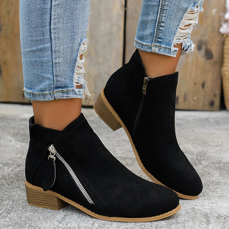 Black Women's Suede Ankle Boots — Yasmin Zip-Up Block Heel Pointed Toe - Front Worn Pair