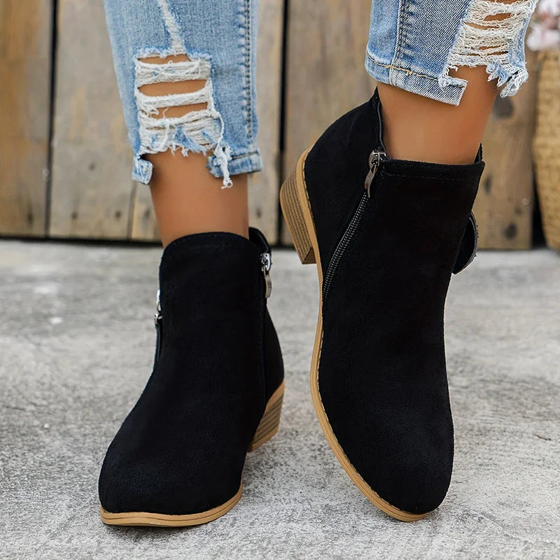 Black Women's Suede Ankle Boots — Yasmin Zip-Up Block Heel Pointed Toe - Front Worn Standing