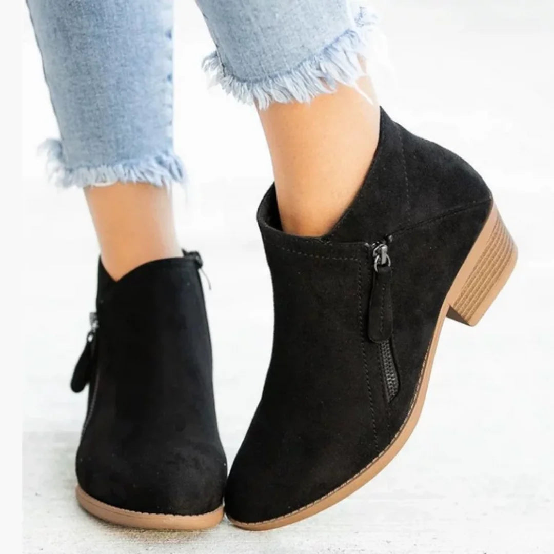 Black Women's Suede Ankle Boots — Yasmin Zip-Up Block Heel Pointed Toe - Side Profile Lifted Studio