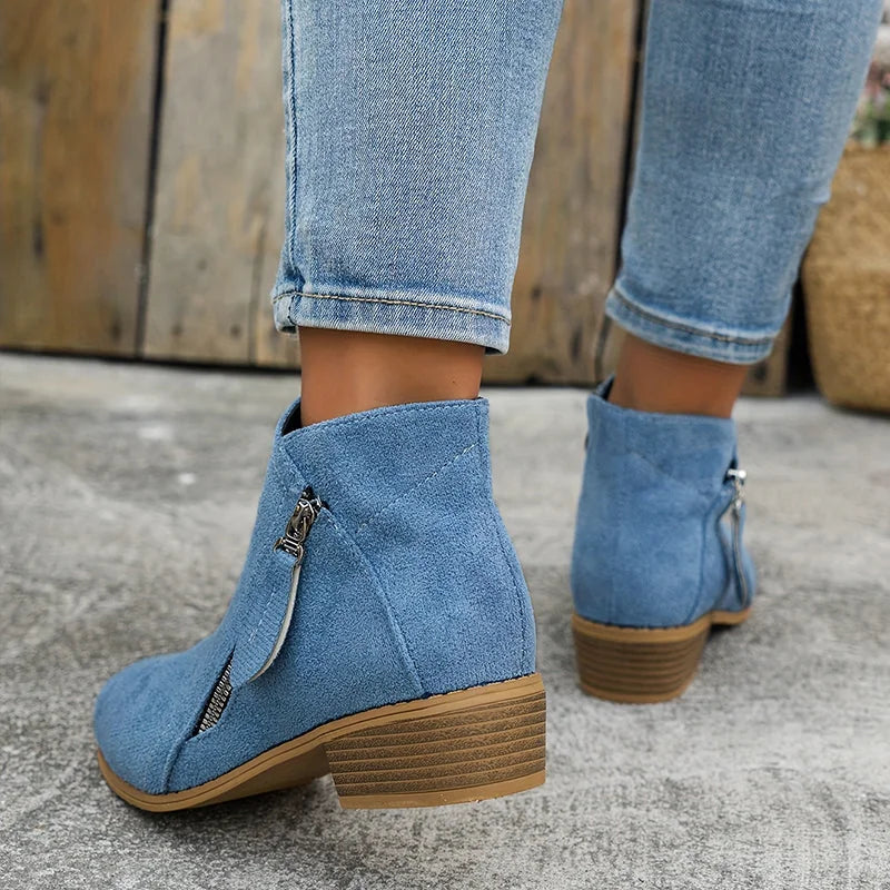 Blue Women's Suede Ankle Boots — Yasmin Zip-Up Block Heel Pointed Toe - Back View Worn