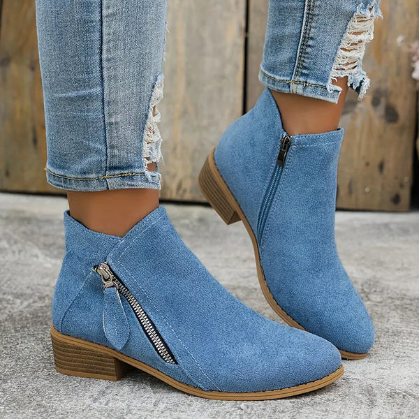 Blue Women's Suede Ankle Boots — Yasmin Zip-Up Block Heel Pointed Toe - Front Worn Closeup
