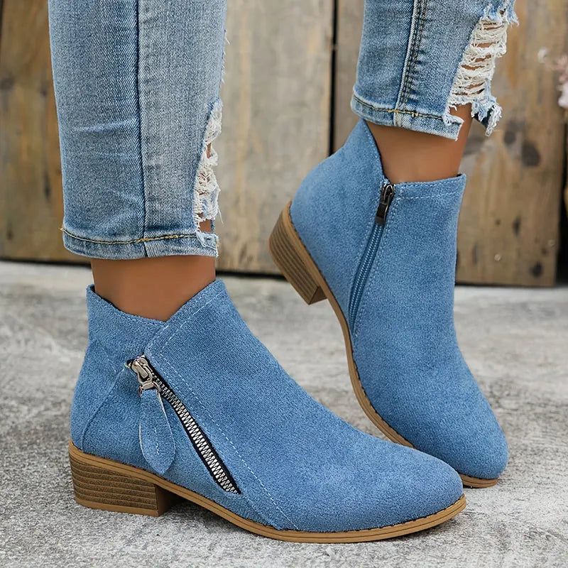Blue Women's Suede Ankle Boots — Yasmin Zip-Up Block Heel Pointed Toe - Front Worn Closeup