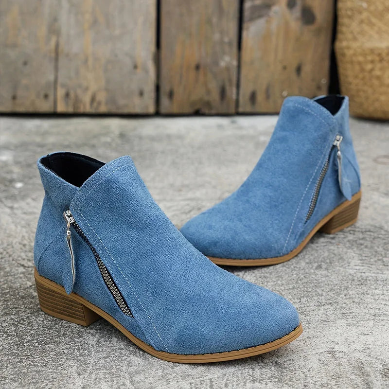 Blue Women's Suede Ankle Boots — Yasmin Zip-Up Block Heel Pointed Toe - Pair On Ground