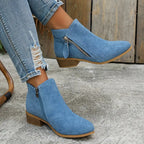 Blue Women's Suede Ankle Boots — Annabelle Rounded-Toe Side-Zip Stacked-Heel - Seated Crossed Legs