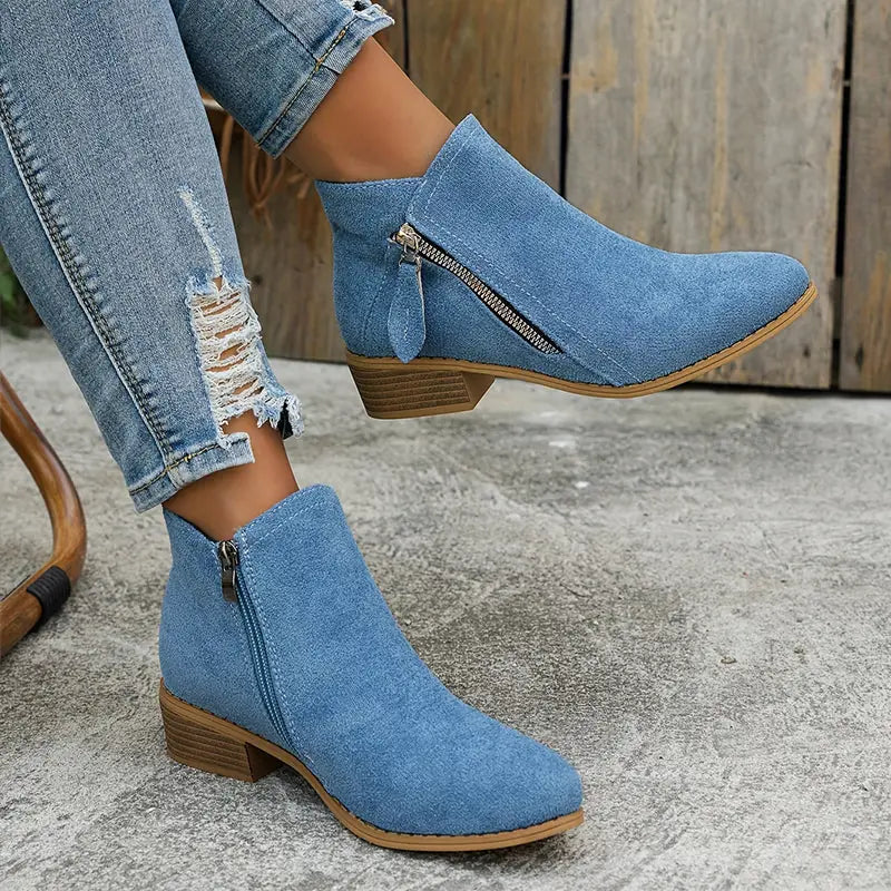 Blue Women's Suede Ankle Boots — Yasmin Zip-Up Block Heel Pointed Toe - Worn Crossed Legs