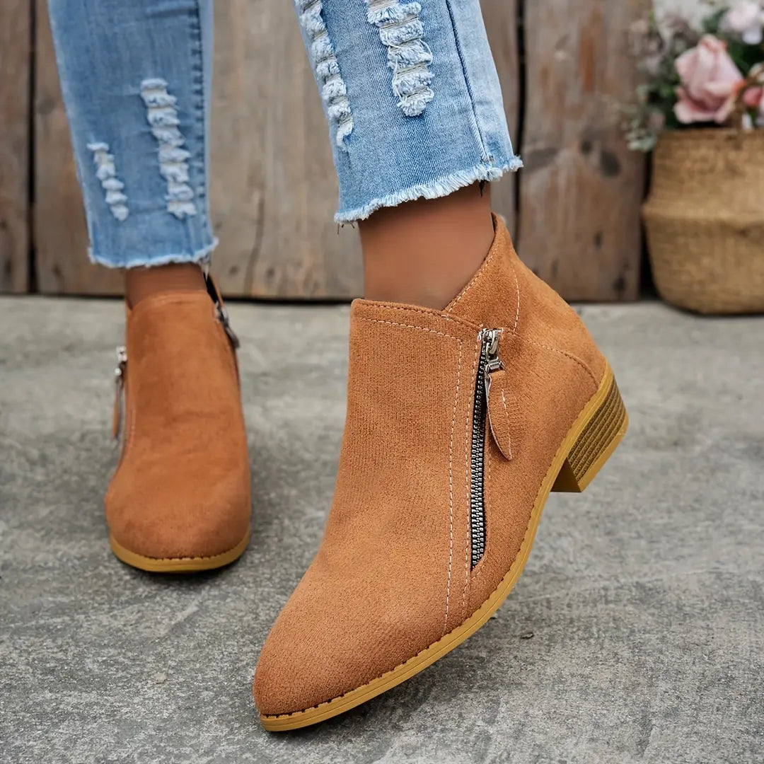 Brown Women's Suede Ankle Boots — Yasmin Zip-Up Block Heel Pointed Toe - Front Detail Walking