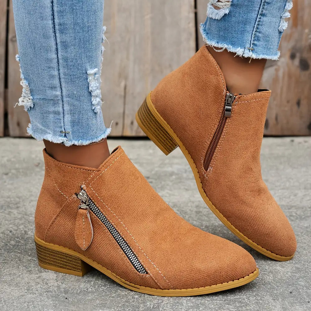 Brown Women's Suede Ankle Boots — Annabelle Rounded-Toe Side-Zip Stacked-Heel - Front Full Standing