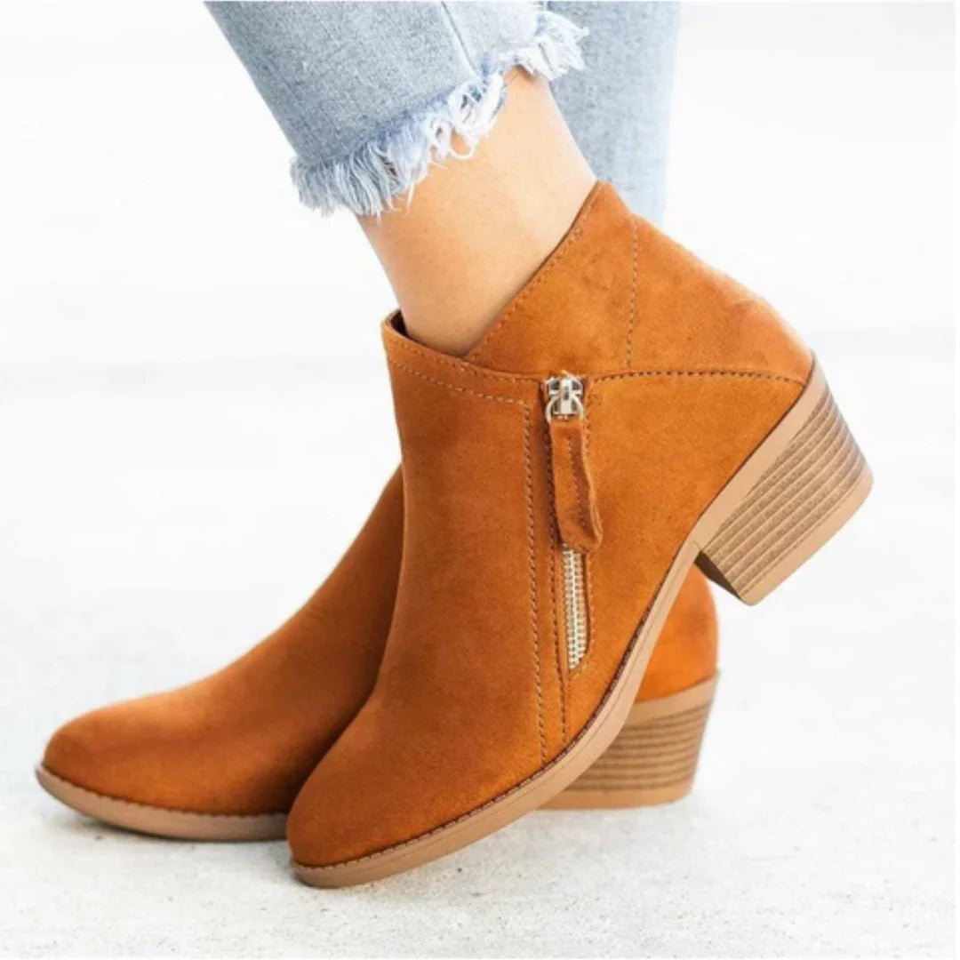 Brown Women's Suede Ankle Boots — Yasmin Zip-Up Block Heel Pointed Toe - Side Profile Studio
