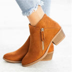 Brown Women's Suede Ankle Boots — Yasmin Zip-Up Block Heel Pointed Toe - Side Profile Studio