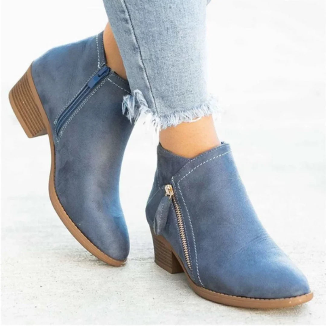 Gray Women's Suede Ankle Boots — Annabelle Rounded-Toe Side-Zip Stacked-Heel - Side View Pair Studio
