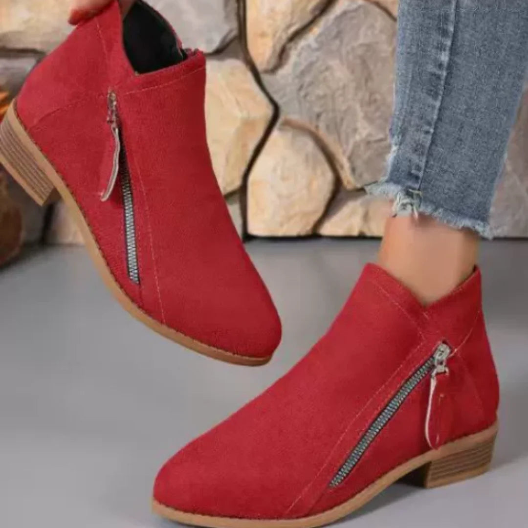 Red Women's Suede Ankle Boots — Annabelle Rounded-Toe Side-Zip Stacked-Heel - Held Up Close