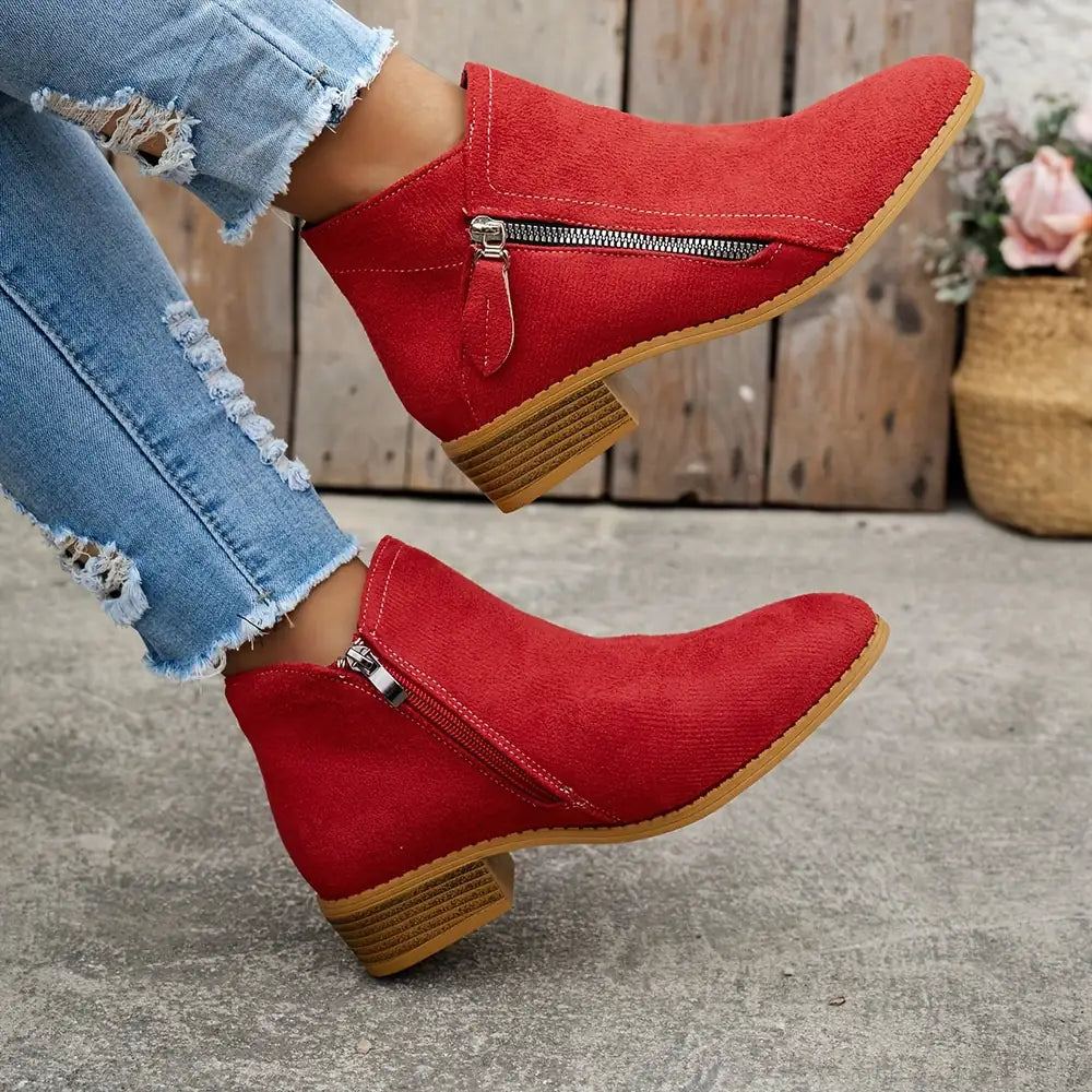 Red Women's Suede Ankle Boots — Annabelle Rounded-Toe Side-Zip Stacked-Heel - Side Lean Elevated