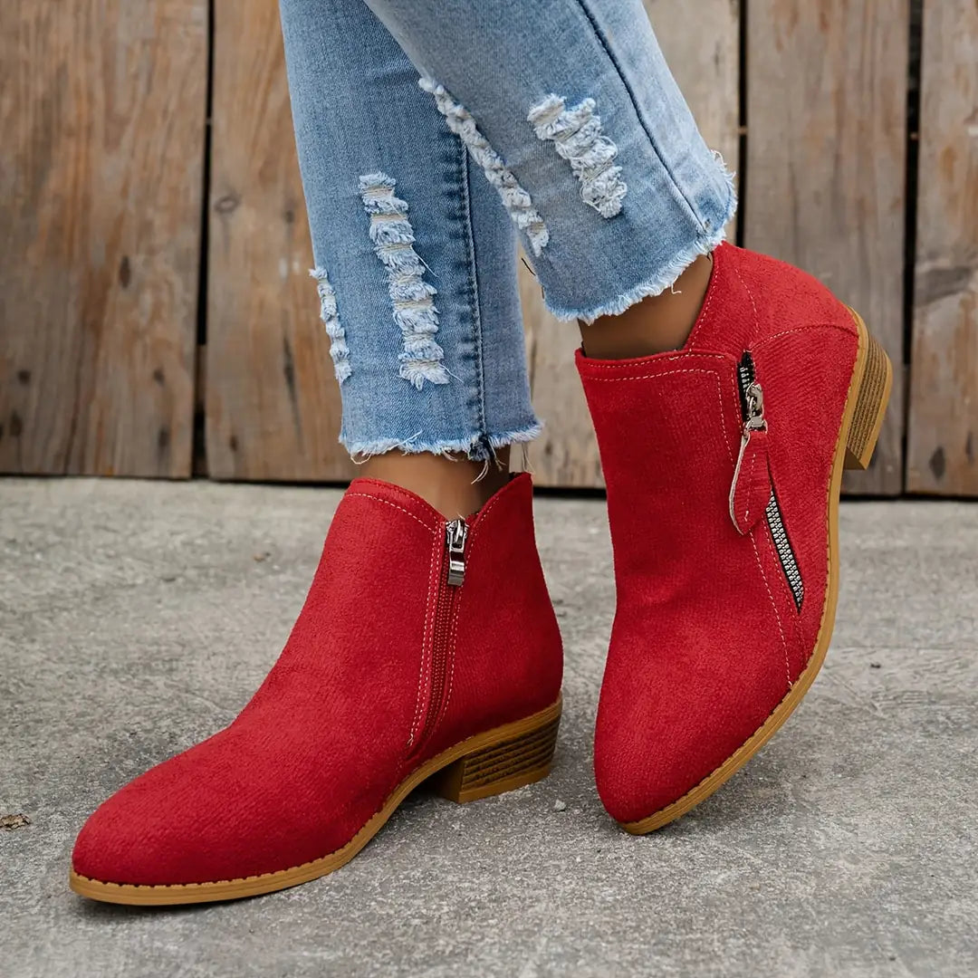 Red Women's Suede Ankle Boots — Annabelle Rounded-Toe Side-Zip Stacked-Heel - Worn Back Angle