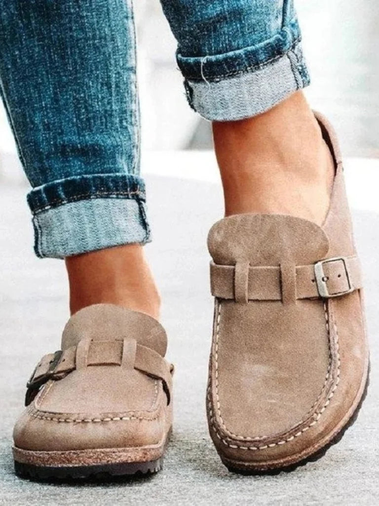 Beige Women's Buckle Strap Comfort Clogs — Olive Suede Slip-On Mules - Front View