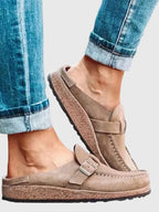 Beige Women's Buckle Strap Comfort Clogs — Olive Suede Slip-On Mules - Side Close