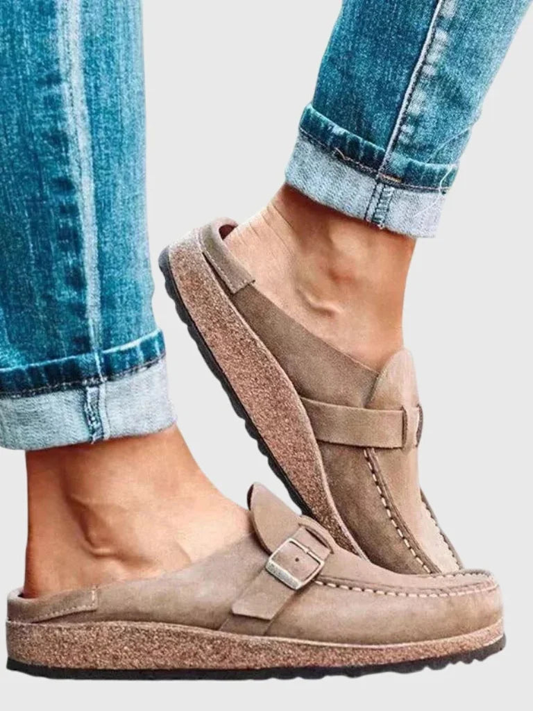 Beige Women's Buckle Strap Comfort Clogs — Olive Suede Slip-On Mules - Side Close
