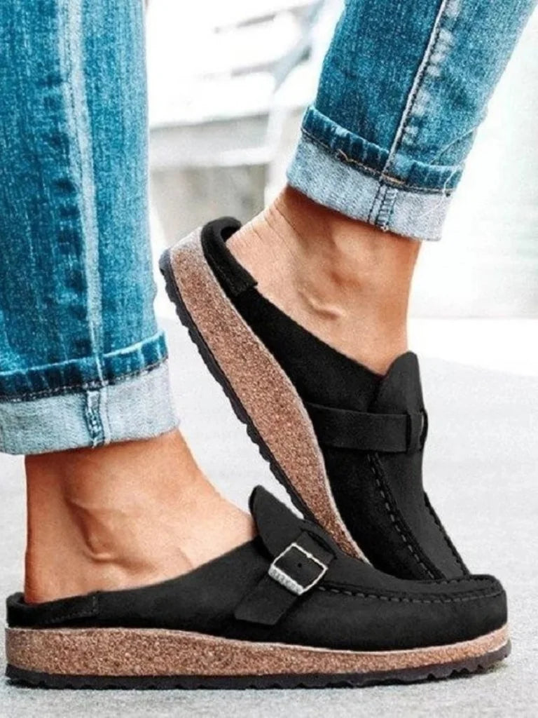 Black Women's Buckle Strap Comfort Clogs — Olive Suede Slip-On Mules - Outdoor Side