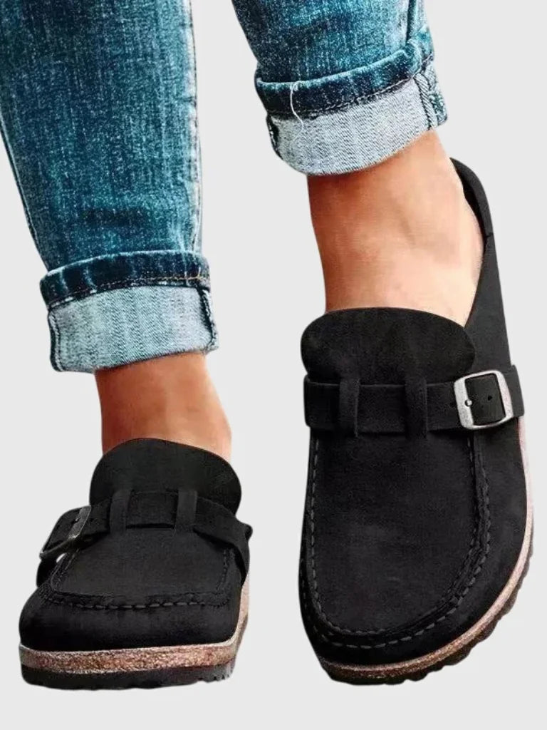 Black Women's Buckle Strap Comfort Clogs — Olive Suede Slip-On Mules - Studio Front