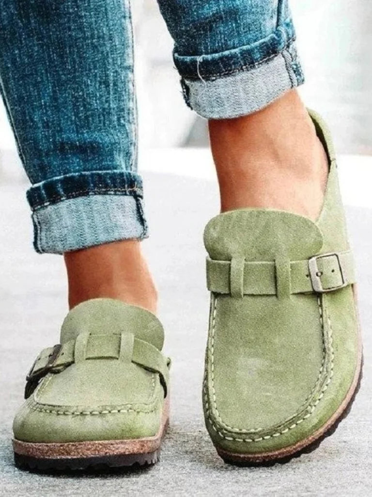Sage Women's Buckle Strap Comfort Clogs — Olive Suede Slip-On Mules - Front Full