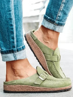 Sage Women's Buckle Strap Comfort Clogs — Olive Suede Slip-On Mules - Side Detail