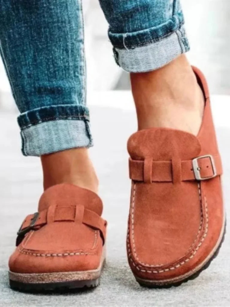 Terracotta Women's Buckle Strap Comfort Clogs — Olive Suede Slip-On Mules - Front Pair