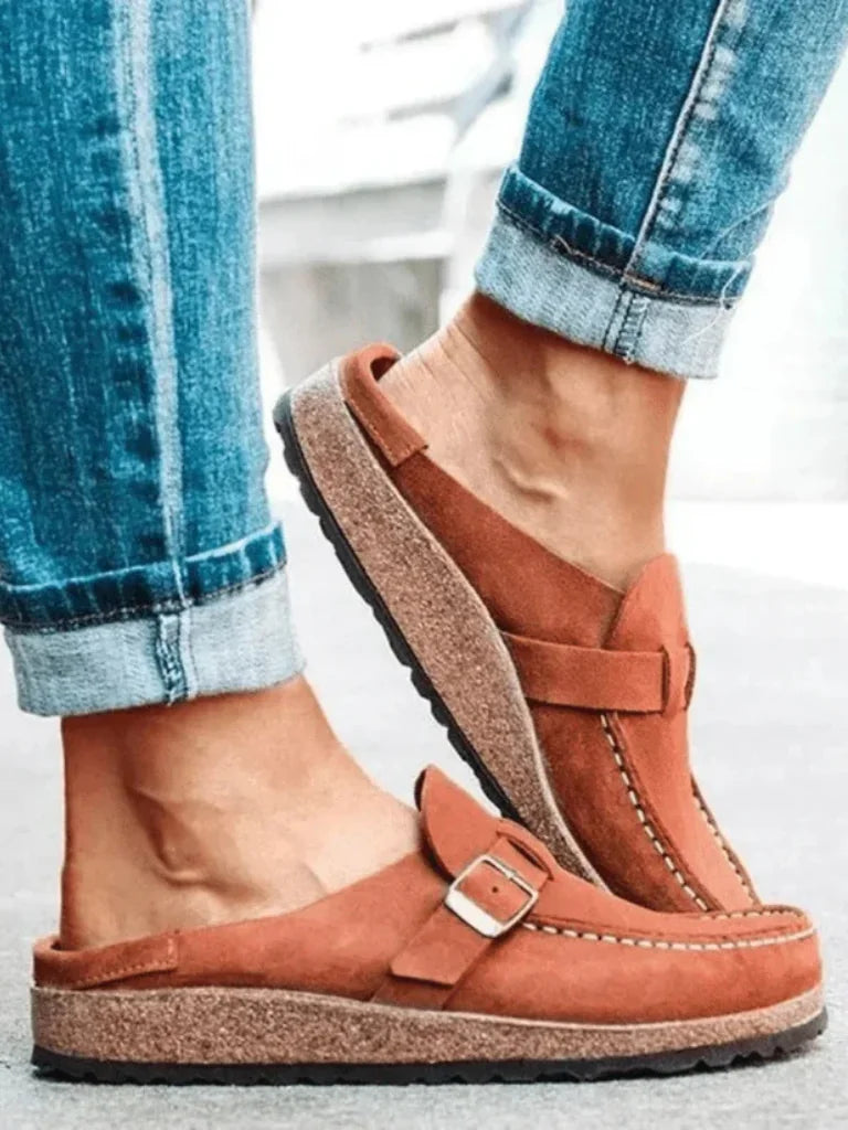 Terracotta Women's Buckle Strap Comfort Clogs — Olive Suede Slip-On Mules - Side Angle