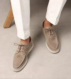 Beige Men's Suede Lace-Up Loafers with Moc Toe Detail