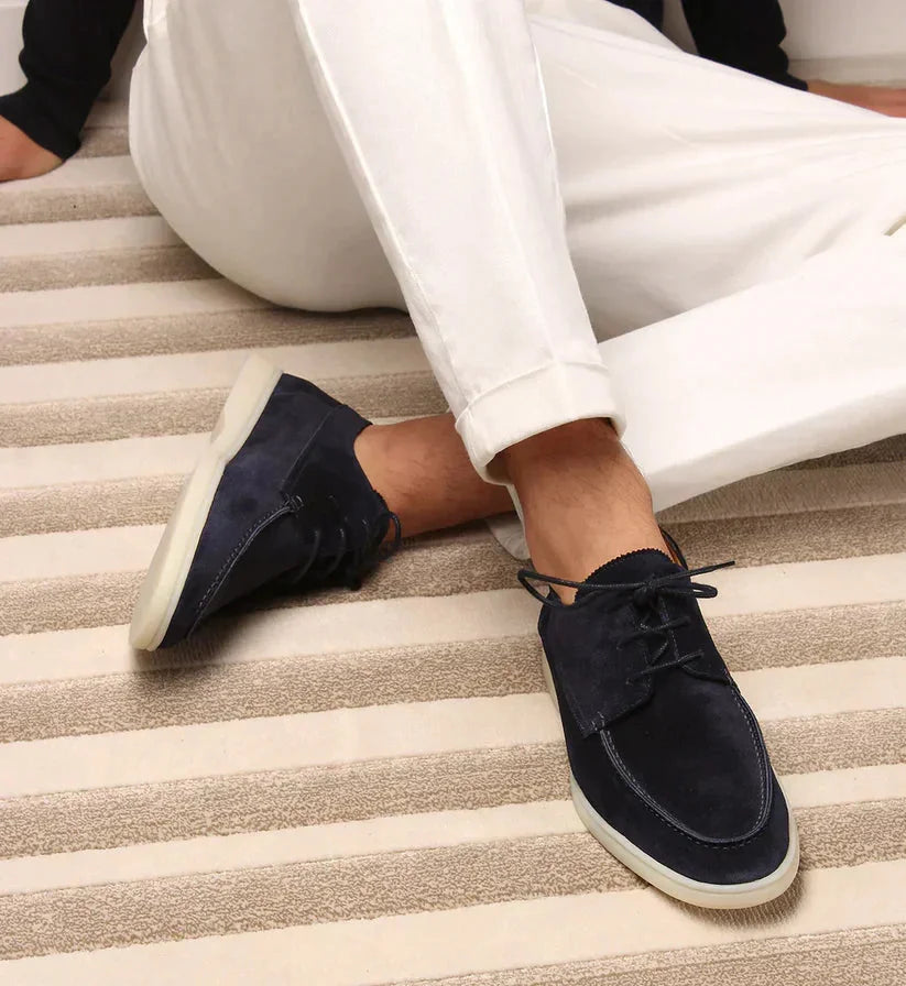 Dark Blue Men's Suede Lace-Up Loafers with Moc Toe Detail - Seated Side Pose