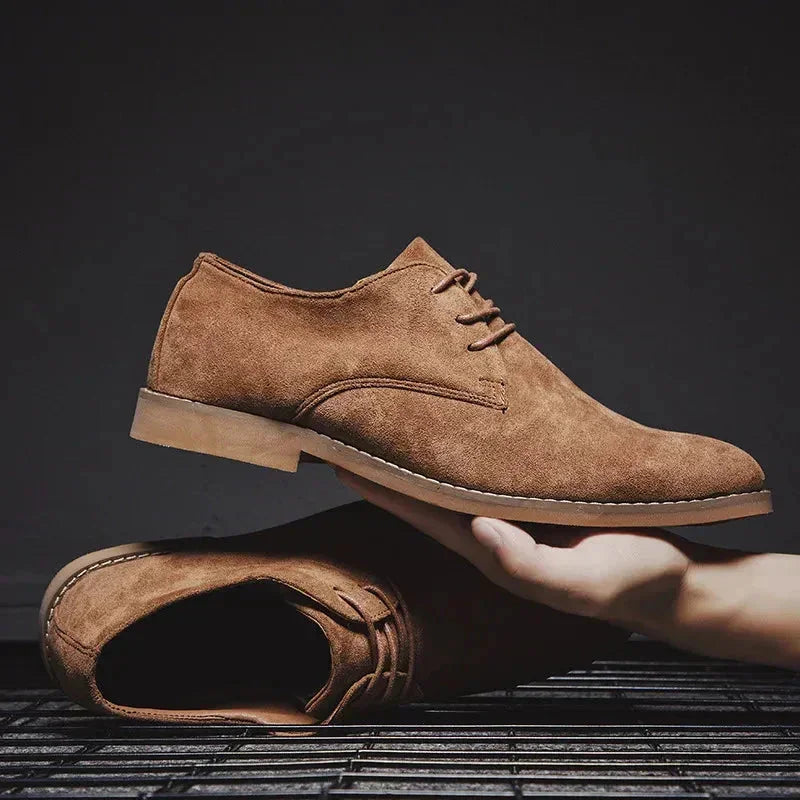 Brown Men's Suede Oxford Shoes — Levi Cushioned Lace-Up Derby Style - Held Hand Side