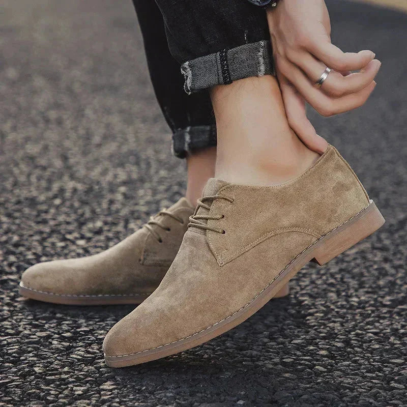 Khaki Men's Suede Oxford Shoes — Levi Cushioned Lace-Up Derby Style - Worn Lifestyle Outdoor
