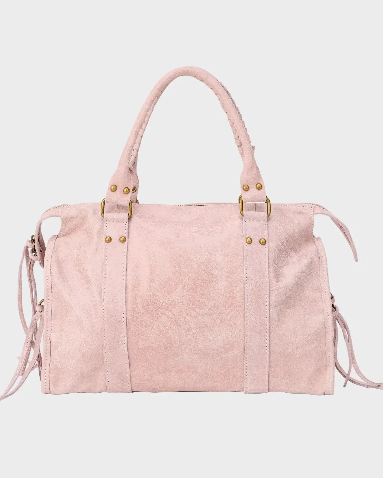Light Pink Women's Pink Suede Satchel Handbag with Fringe Detail — Sable - Back Full