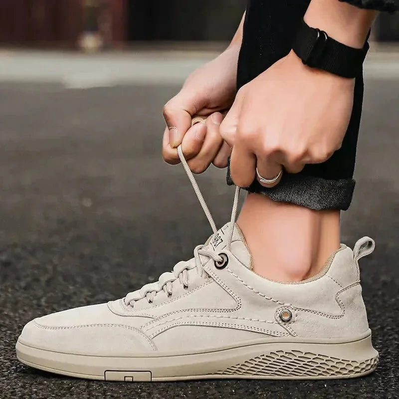 Beige Men's Walking Sneakers Suede Low-Top — Emmett Cushioned Lace-Up Casual - Lace Tying