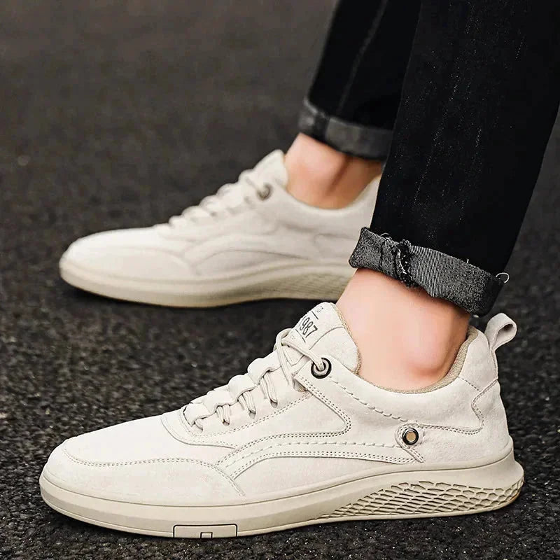 Beige Men's Walking Sneakers Suede Low-Top — Emmett Cushioned Lace-Up Casual - Worn Side View