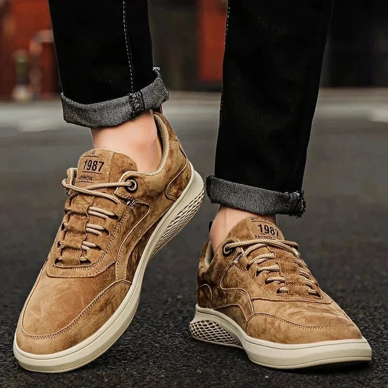 Brown Men's Walking Sneakers Suede Low-Top — Emmett Cushioned Lace-Up Casual - Front View Worn