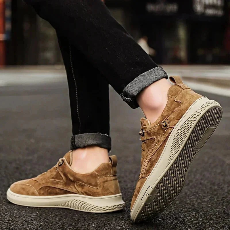 Brown Men's Walking Sneakers Suede Low-Top — Emmett Cushioned Lace-Up Casual - Kick Pose